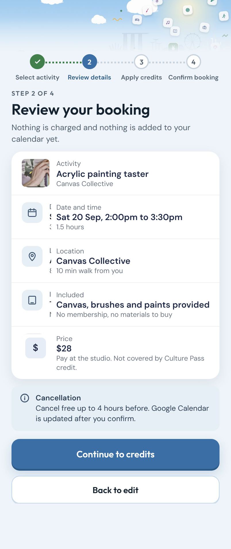 Step 2 of 4. Review your booking: Acrylic painting taster, Canvas Collective.